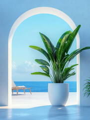 large white plant pot with green leaves on the floor in a front view, minimal interior design, blue sea and sky background