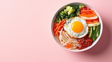 A colorful bowl of bibimbap topped with a fried egg and various vegetables.