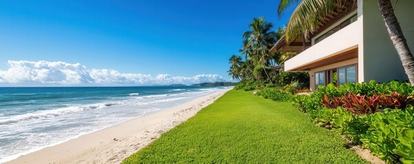 Tropical beach house with vibrant gardens, sitting right on the shore, waves lapping at the property line   tropical living, beachfront home