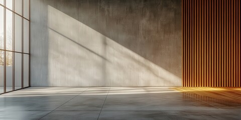 Wall Mural - modern interior with gray wall and wooden slats