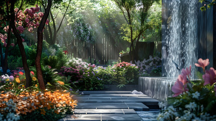 Wall Mural - Serene Garden with Waterfall and Sunbeams