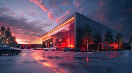 Modern industrial building with vibrant red lighting at sunset, reflecting on wet pavement, surrounded by trees and vehicles