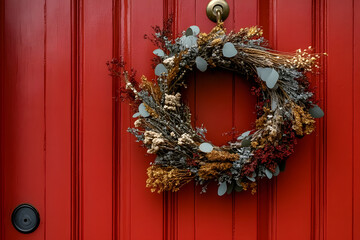 Poster - Seasonal wreath adorned with dried plants on a vibrant red door during autumn