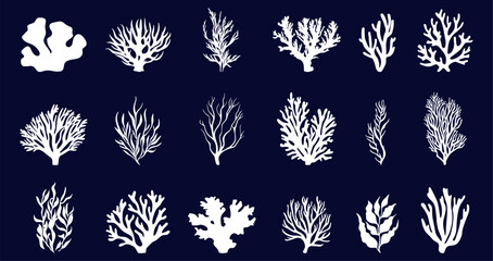 Wall Mural - Sea coral and seaweed white silhouettes set on dark background. Underwater plants. Abstract organic shapes of nature marine ocean floral Sea life design elements. Cartoon style isolated vector clipart