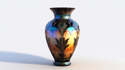 A decorative, intricately designed vase with black, blue, orange, and gold accents sits against a white background.