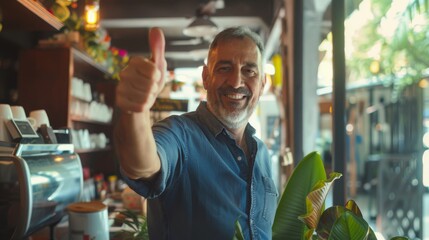 Sticker - An older gentleman in a cozy café, beaming and giving a thumbs up, creating a warm and welcoming atmosphere.