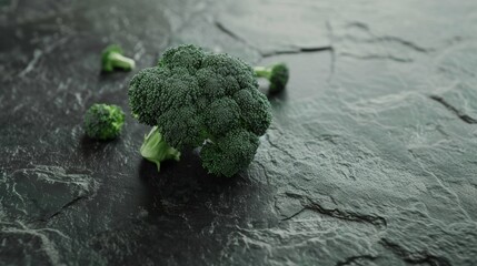 Poster - Fresh broccoli florets sit on a dark slate background, perfectly capturing their rich color and surface detail.