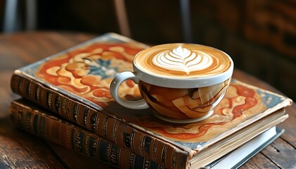 Cozy cappuccino with intricate latte art resting on a vintage book, embodying moments of leisure and relaxation