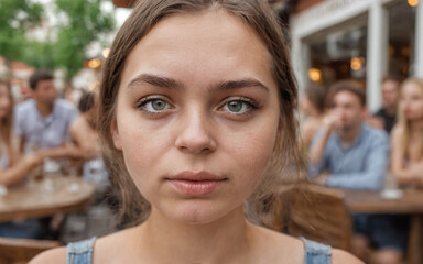 Teenage girl or young adult woman, outside in café, listening attentively, curious, energetic