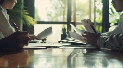 Sticker - A team engaged in a meeting, with documents in hand as sunlight filters through large windows, emphasizing collaboration.