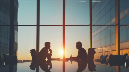 Silhouettes of two people in a meeting, with a sunset backdrop through large windows.