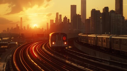 Wall Mural - A subway train gliding through tracks at sunset, with a glowing urban skyline in the background.