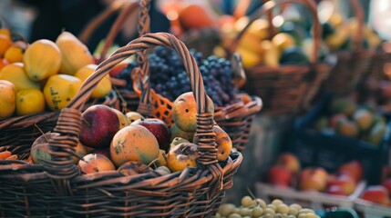 Wall Mural - Baskets brimming with vibrant fruits at an outdoor market, showcasing a rich variety of colors and textures.