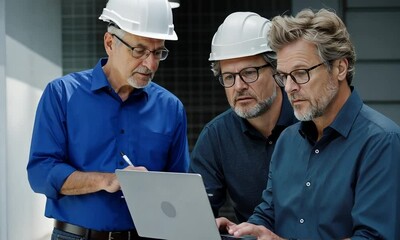 Three engineers are engaged in a collaborative discussion in a contemporary workspace, focusing on their project with laptops and tablets during an afternoon meeting