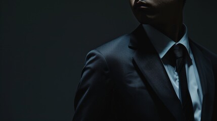 Wall Mural - a man in a suit stands partially illuminated against a dark backdrop, evoking mystery and elegance i