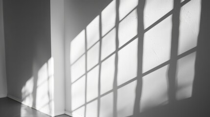 Canvas Print - Rays of sunlight filter through lattice windows, casting artistic shadows on stark white walls, creating a serene, sunlit, minimalistic space.