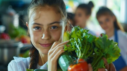 Wall Mural - A young girl joyfully holding vibrant, fresh vegetables, with friends blurred in the background in a kitchen setting.