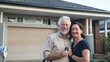 © VK Studio - A joyous couple stands together in front of their new home, holding keys and celebrating a significant milestone with radiant smiles.