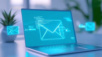 Laptop with holographic email notifications on white background. Email Marketing concept.