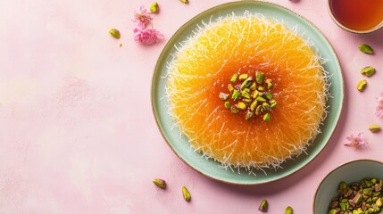 Wall Mural - A colorful dessert topped with pistachios, served with tea on a pastel background.