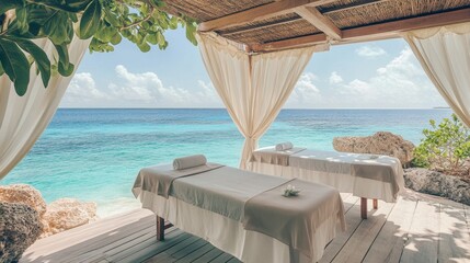 Wall Mural - A luxurious outdoor spa setting on a private Maldivian island, with massage tables placed under a canopy, overlooking the tranquil ocean.