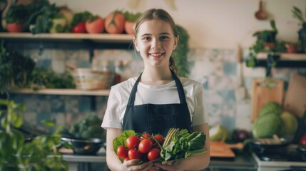 Wall Mural - A smiling girl proudly holds a basket of freshly picked vegetables in a well-organized kitchen, capturing a wholesome moment.