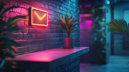 Neon light wall with plants and decor Email Marketing concept.