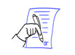 © Katsyarina - Hands hold pen and write on paper icon. Person write letter, sign document. The concept of agreement, notarization of document, signing contract. Vector illustration in line doodle simple style.