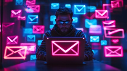 Person using laptop with glowing email icons in a dark, futuristic setting Email Marketing concept.