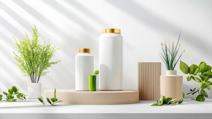 Poster - A modern display featuring elegant white containers, wooden accents, and lush green plants, creating a serene and stylish atmosphere.