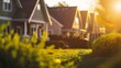 © VK Studio - Suburban homes bask in the golden glow of sunset, creating a picturesque and serene neighborhood scene.