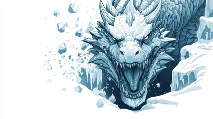 A mighty ice dragon breaking through a frozen waterfall, powerful action, digital painting, cold and detailed, isolated on white background