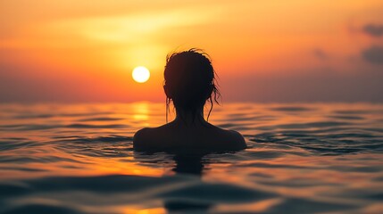 Sticker - Silhouette of a woman swimming in the ocean at sunset.