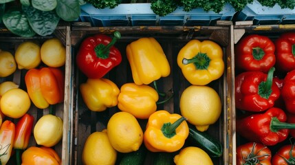 Poster - A close-up of various fresh, brightly-colored vegetables like bell peppers and tomatoes organized in crates at a market.