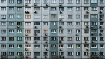 Facade of a Grey Multi-storey Panel building in Russia, Soviet architecture houses