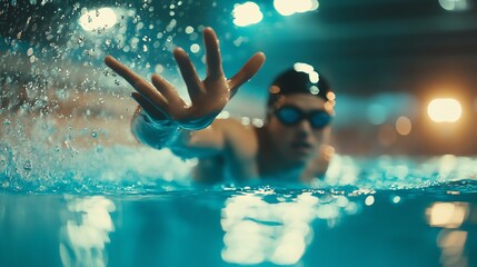 Poster - A swimmer in goggles swims underwater, looking up at the surface.