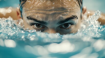 Poster - A close-up of a swimmer's eyes as they look directly at the camera.