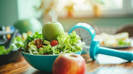 Wall Mural - Freshly made garden salad with a green apple on top, surrounded by fresh ingredients and kitchen tools on a bright and sunny kitchen table.