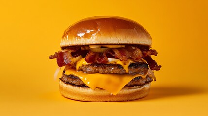 Canvas Print - A juicy burger loaded with melted cheese and crispy bacon,  sitting on a yellow background.