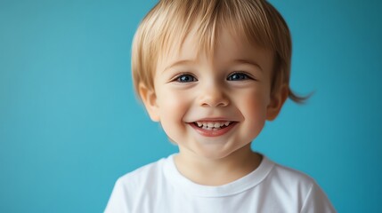 Wall Mural - A young child with blond hair smiles broadly at the camera.