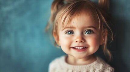 Canvas Print - A young girl with blonde hair and big blue eyes smiles brightly at the camera.