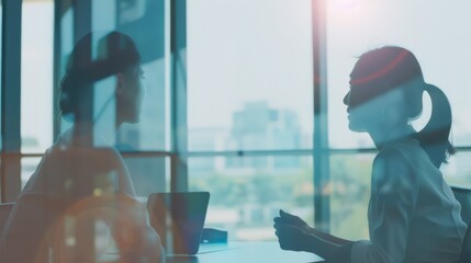 Sticker - Two silhouetted professionals engage in a conversation in a modern office, bathed in soft sunlight streaming through large windows.