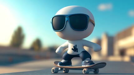 Wall Mural - A 3D cartoon character in sunglasses and a cap rides a skateboard,  set against a blurred background.