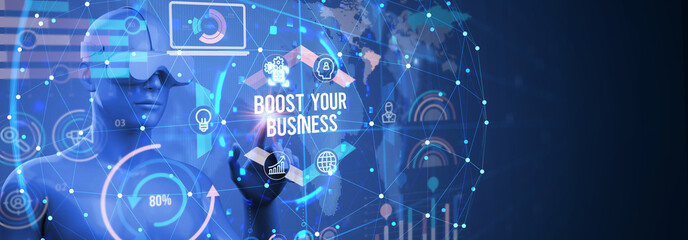 Wall Mural - Business, Technology, Internet and network concept. Young businessman shows the word: Boost your business. 3d illustration