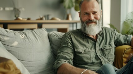 Sticker - A man with a grey beard and denim shirt sits comfortably on a couch in a cozy, sunlit living room.