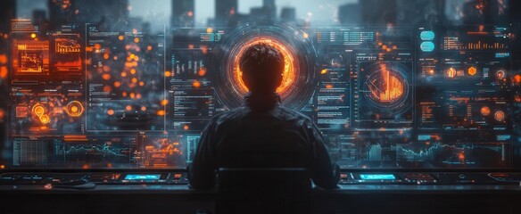 Wall Mural - aigenerated scene of man creating financial dashboard futuristic office holographic displays data visualization