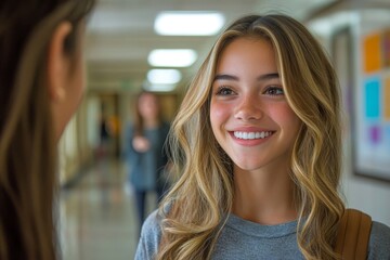 Happy teenage girl talking to her teacher in high school hallway, Generative AI