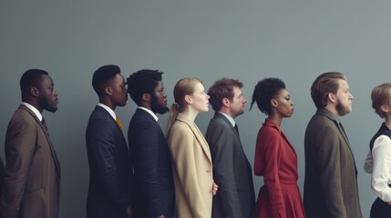 A diverse group of professionals stand in a line against a minimalist background, exuding unity and diversity.