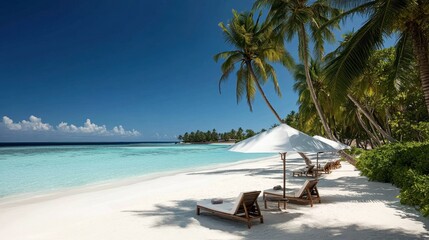 A serene beach scene with soft white sand, crystal-clear blue waters, and palm trees gently swaying in the breeze, capturing the peaceful essence of a Maldivian paradise.