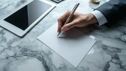 A businessman writes notes on a blank sheet of paper while using modern technology on a marble desk.